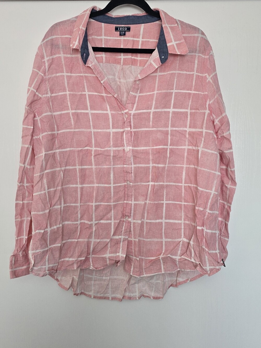 IZOD - Pink Linen Blend White Windowpane Plaid Blue Collar Button-Up Shirt